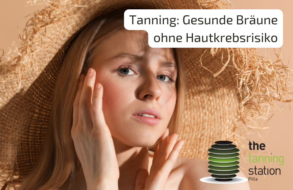 Tanning gesunde Bräune ohne Hautkrebsrisiko Blog-Post Grafik mit Frau mit Sonnenhut