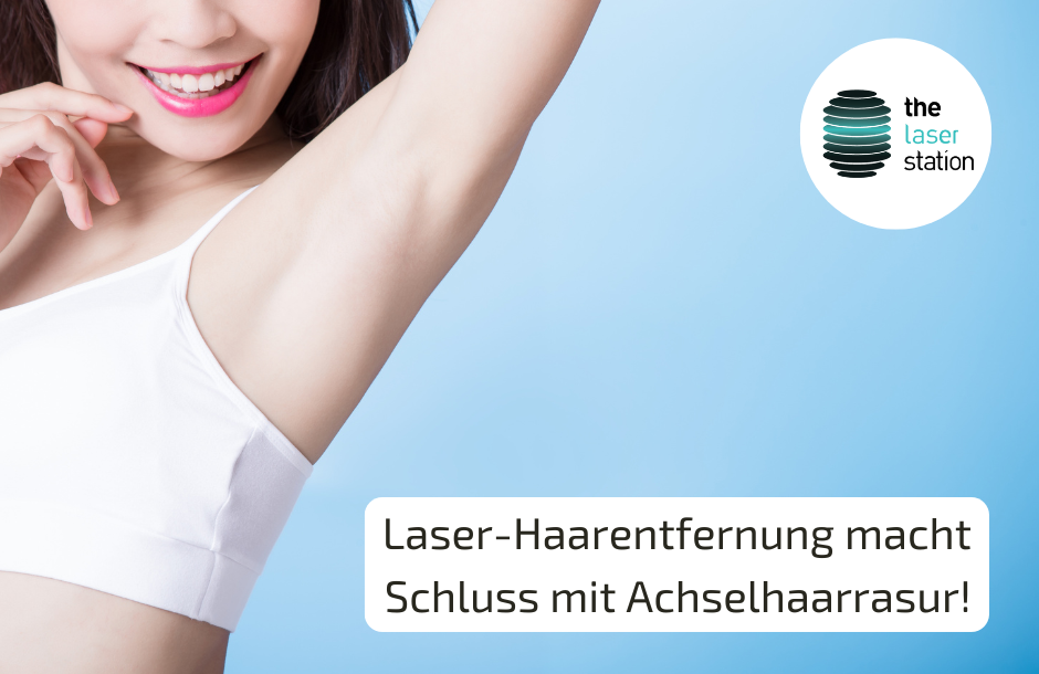 Ratgeber Laser-Haarentfernung gegen Achselhaare Blog-Post Grafik mit junger lächelnder Frau mit glatter Haut unter dem Arm